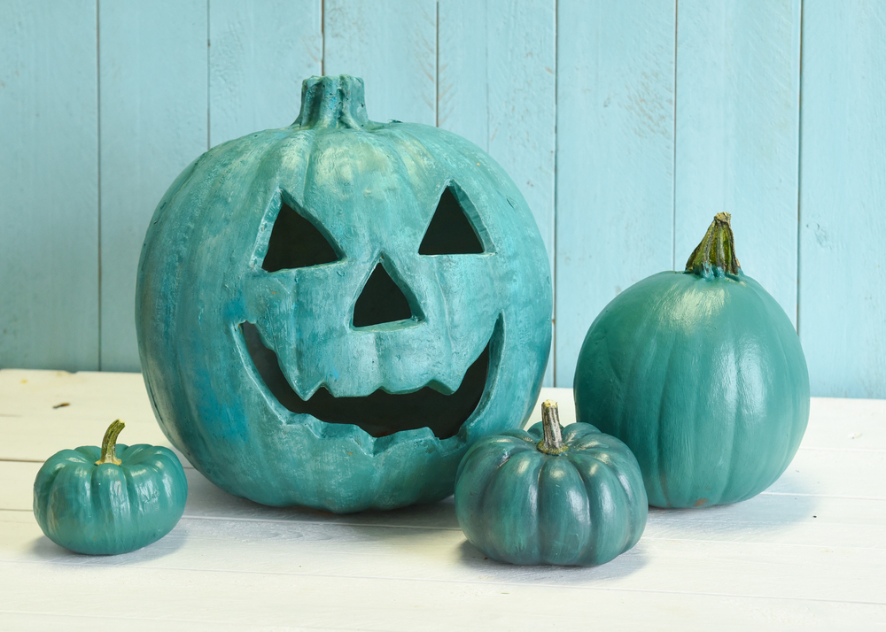 teal colored pumpkins.