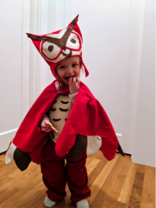 A photo of a little girl dressed up as a Little Rae's Bakery Angry Owl cookie.